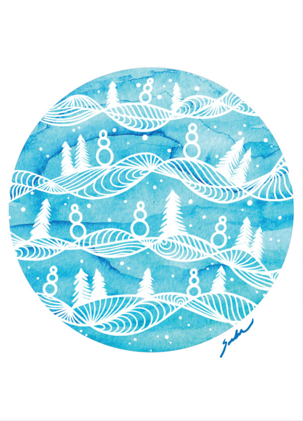 Greeting Card -Snowmen & Trees - blue