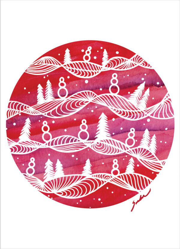 Greeting Card - Snowmen & Trees - red