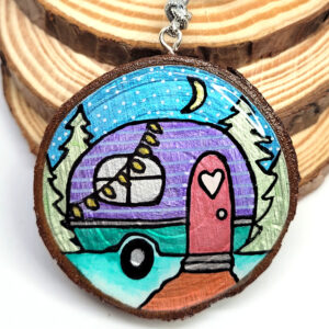 Ornament - Mini Camper in Purple and Teal w Simple Mountain on back