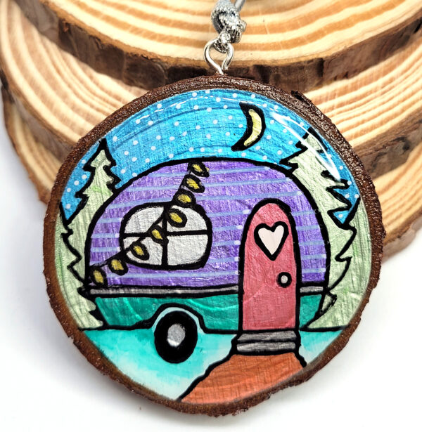 Ornament - Mini Camper in Purple and Teal w Simple Mountain on back