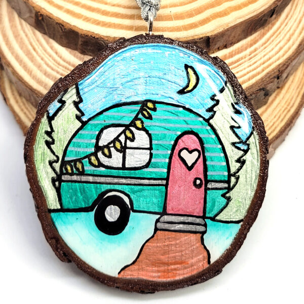 Ornament - Mini Camper in Teal w Simple Mountain on back