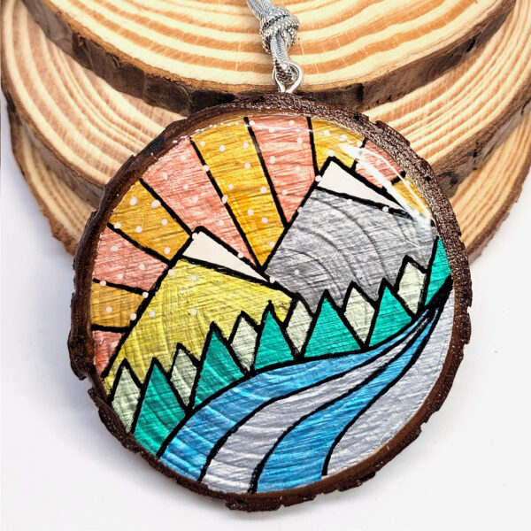 Ornament - Mini Camper in Yellow & Teal with Simple Mountain on back