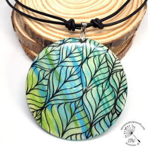Pendant Necklace - XL - Double-Sided - Zentangle Leaf and Manadala - Teal-Green-Blue