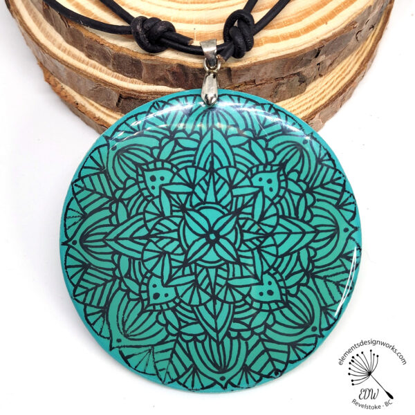 Pendant Necklace - XL - Double-Sided - Zentangle Leaf and Manadala - Teal-Green-Blue-BACK