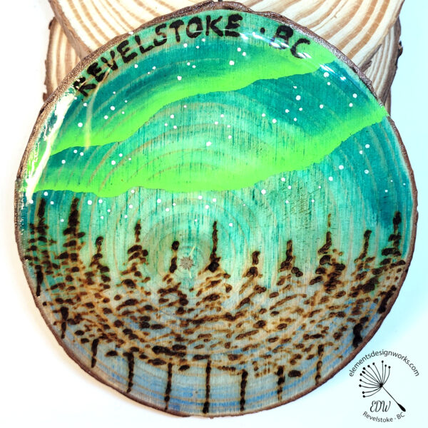 Ornament - XLarge - Shroom House with Northern Lights & Trees on back in Teal