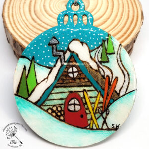 Ornament - Large - Ski Hut w Snowflake in Teal on Back